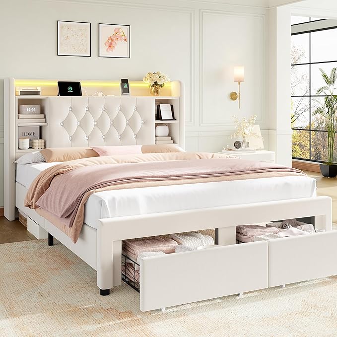 Queen Bed Frame with Drawers, Hidden-Cubby & Shelves Storage Headboard with