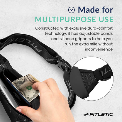 Fitletic Modern Sports Running Belt For Men & Women – Water Resistant Pouch - Fits All Smart Phones- Lightweight, Low Profile Design –Lycra Coated With Inner Card Organizer Pocket