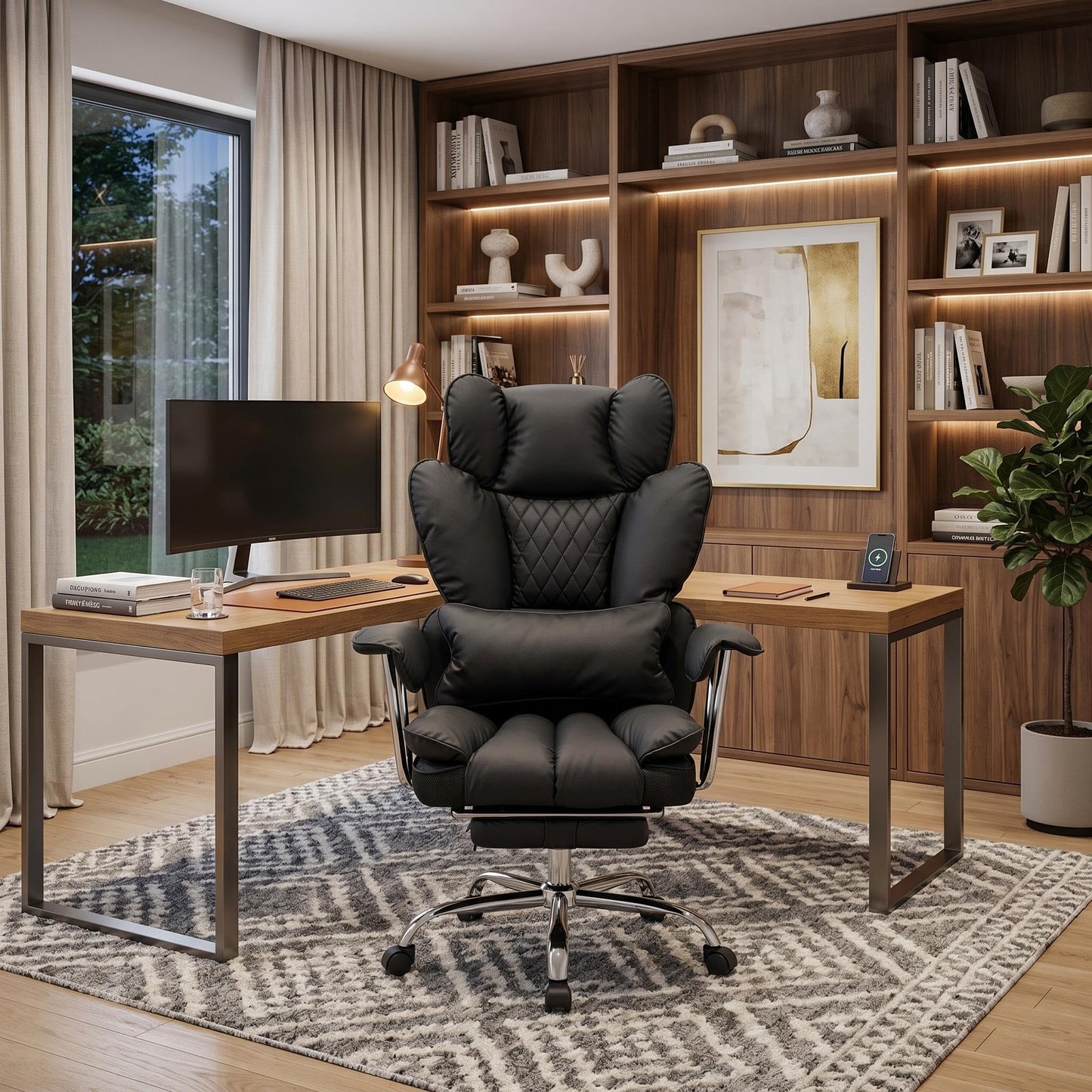 Big and Tall Office Chair with Pocket Spring Cushion, High Back Ergonomic Desk Chair for Home Office, Thick Padded Seat, Adjustable Armrests & Lumbar Support, with Footrest, PU Leather, Black