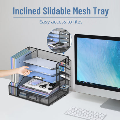 SUPEASY Desk Organizer with File Holder, 5-Tier Mesh Paper Letter Tray and 3 Tilted File Sorter for Office Supplies, Black