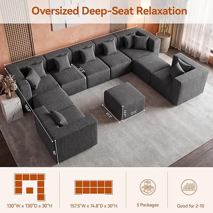 MONVANE Modular Sectional Sofa, Oversized 10 Seat Convertible U Shaped Couch