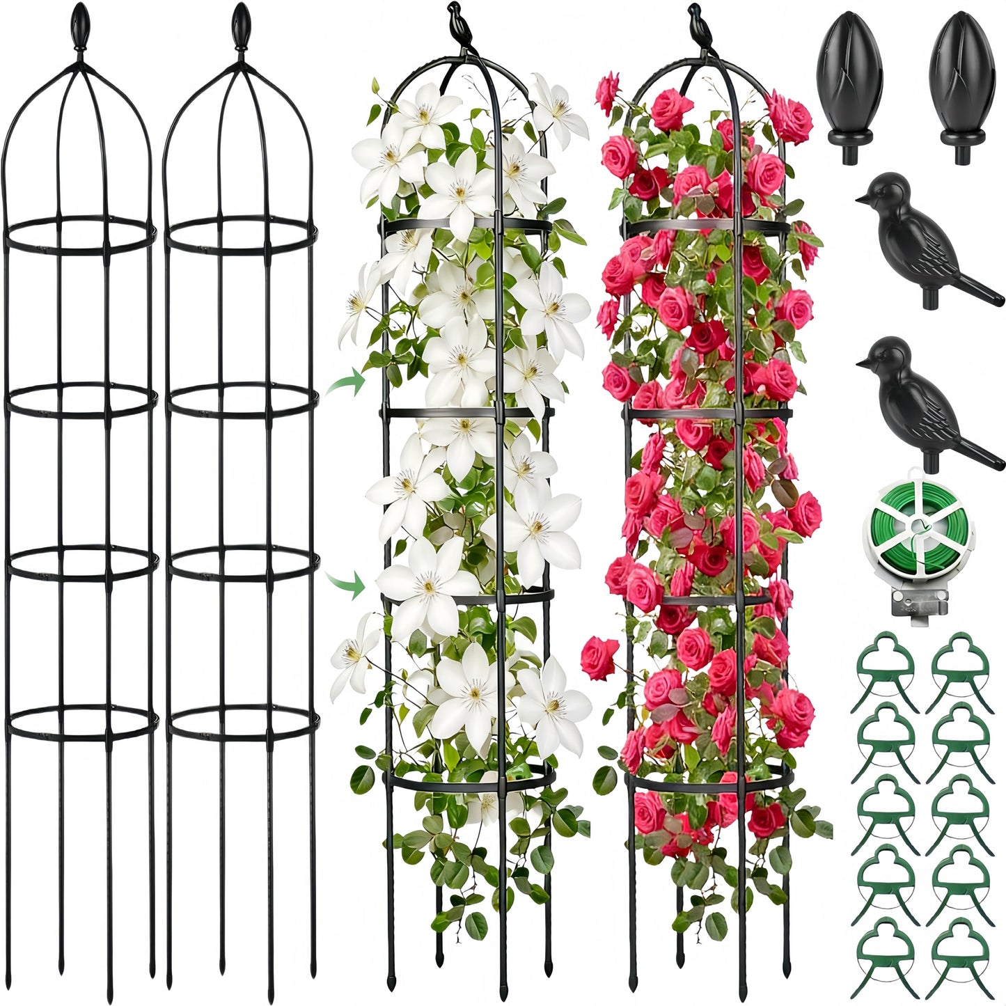 2 Pack Garden Obelisk Trellis for Climbing Plants Outdoor Indoor, 6 Ft Round Rustproof Metal Pot Plant Support Trellis for Rose Bush Clematis Vine Jasmine Flower Morning Glory Potted Plants Black