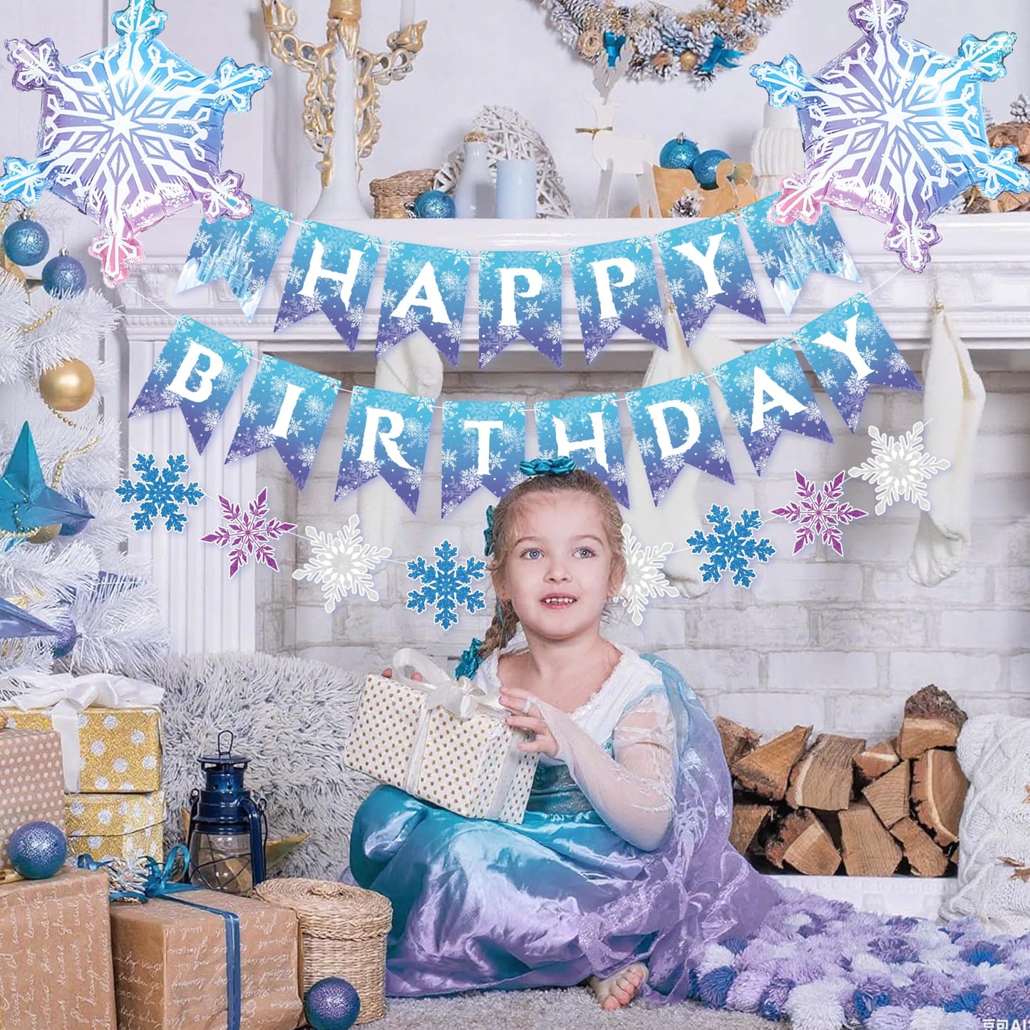 Frozen Birthday Decorations for Girls,Happy Birthday Banners,Blue Purple Balloon Arch Garland Kit,Party Decor Supplies,Foil Snowflake Balloons,Tablecloth