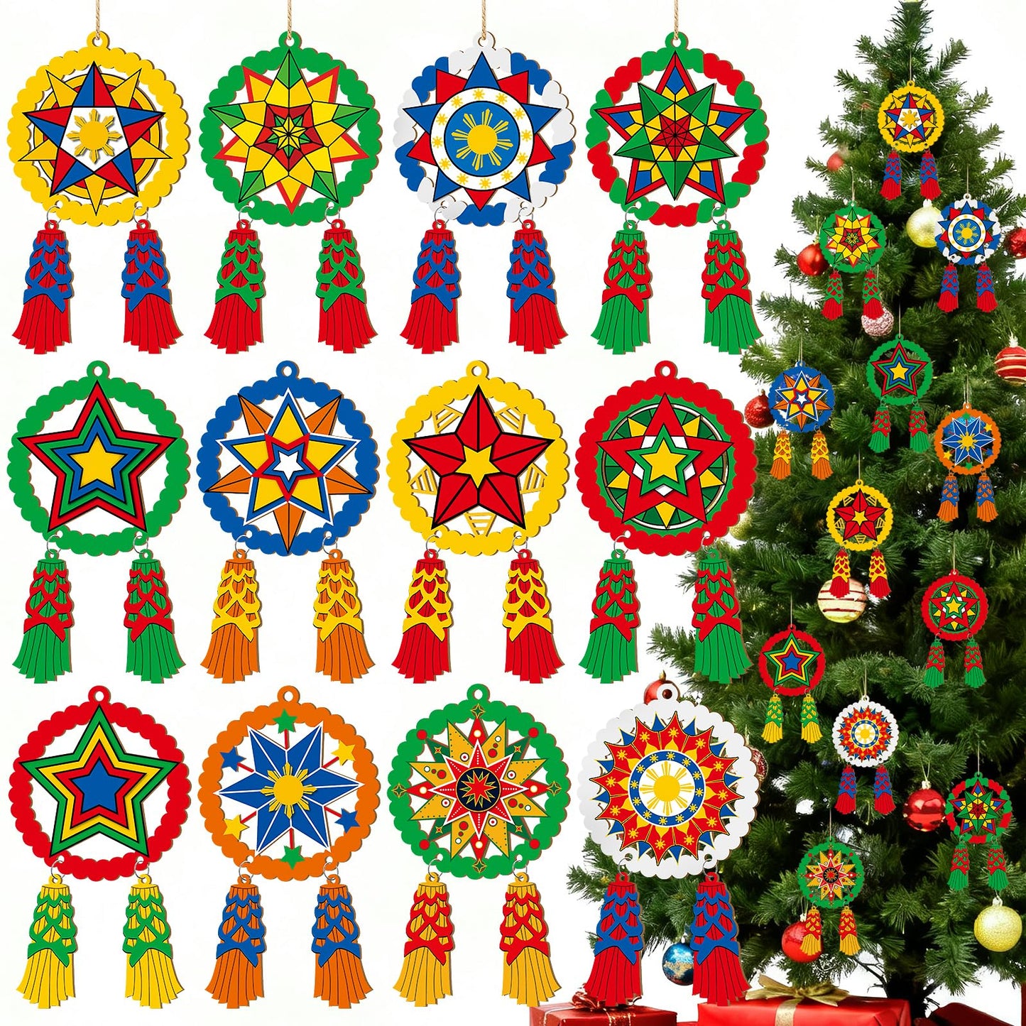 24 Pcs Christmas Parol Lantern Filipino Wooden Philippine Christmas Ornaments for Tree Decorations Hanging Ornaments Traditional Capiz Star Pendant Sign for Xmas Gift Home Window Holiday Decor Navidad