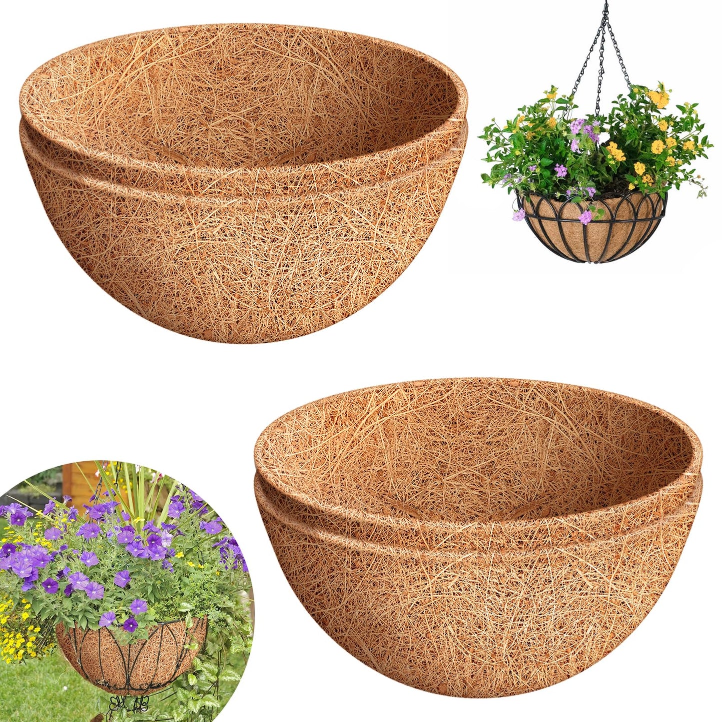 Riare 4 Pack 14 Inch Round Coco Liners Replacement, 100% Natural Coconut Coir Liners for Hanging Baskets, Garden Flower Vegetables Planter Pot, Window Box, Fence, Decks