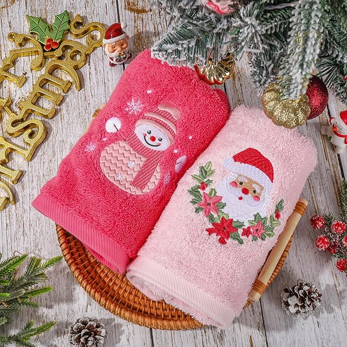 3Pcs Christmas Pink Hand Towel Set Cotton Xmas Tree Santa Snowman Bathroom