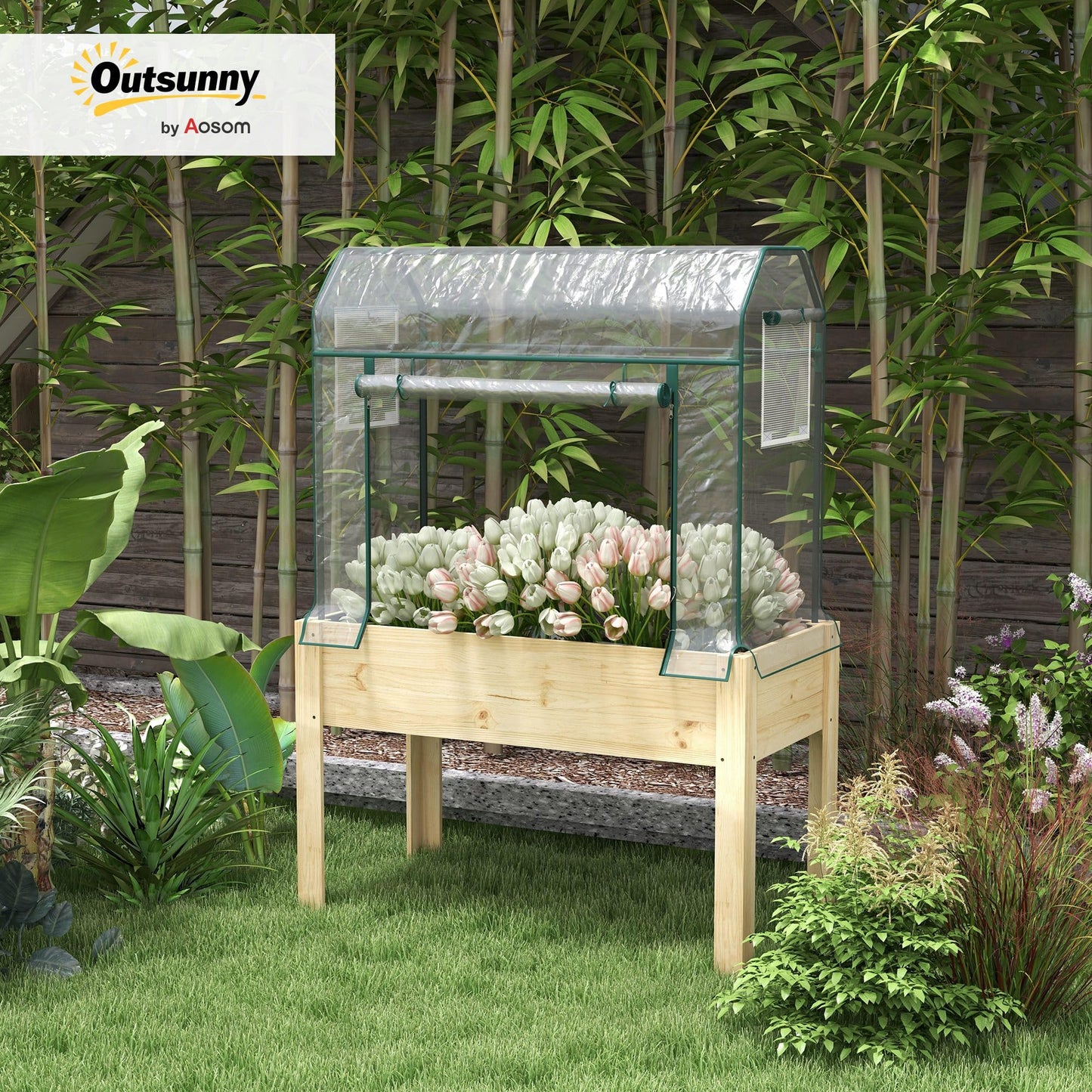 Outsunny Raised Garden Bed with Plastic Greenhouse Cover and Bed Liner, Outdoor Elevated Wood Planter Box for Herbs and Vegetables, Use for Patio, Backyard, Balcony, 45 x 24 x 65 inch, Natural