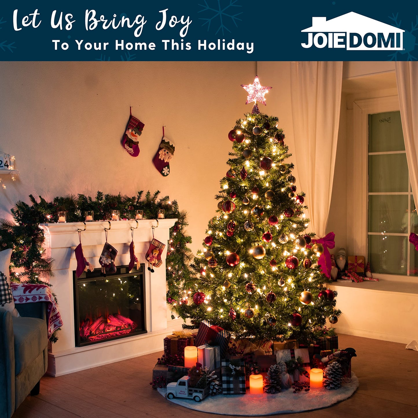 Joiedomi 8 inch Christmas Glitter Star Tree Toppers, Pink Star Lighted with 20 LED Warm White Lights for Xmas Decorations, Holiday Party Indoor Decor