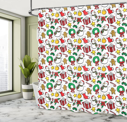 Ambesonne Christmas Shower Curtain, Classical Inspirational Wreath with Candy Cane Snowman Patterns Feast Theme, Cloth Fabric Bathroom Decor Set with Hooks, 69" W x 70" L, Red and White