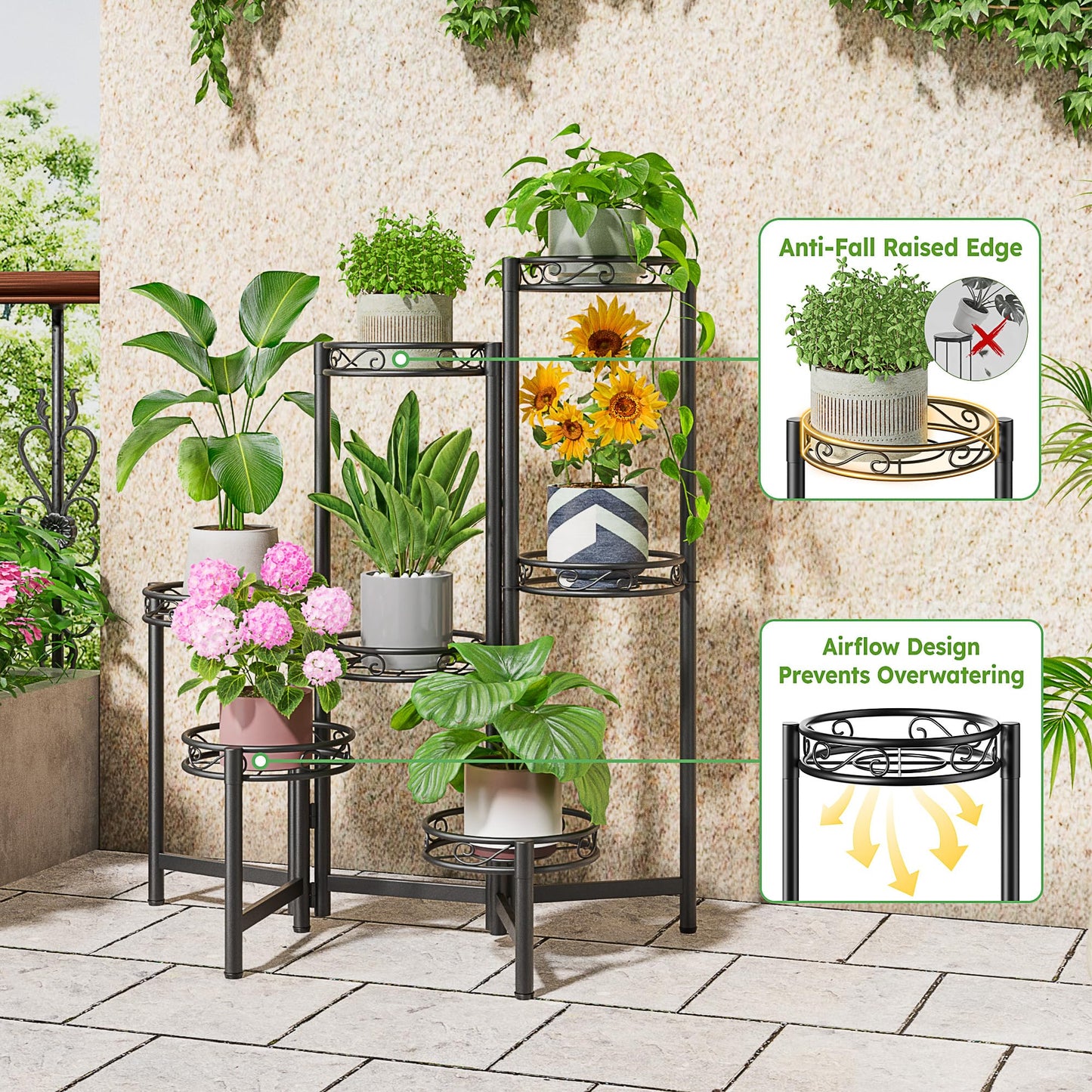 NQW Metal Plant Stand Indoor Outdoor 7 Tier Multiple Flower Pot Holder Shelf Planter Display Shelving Unit for Patio Garden Corner Balcony Living Room Black Circle