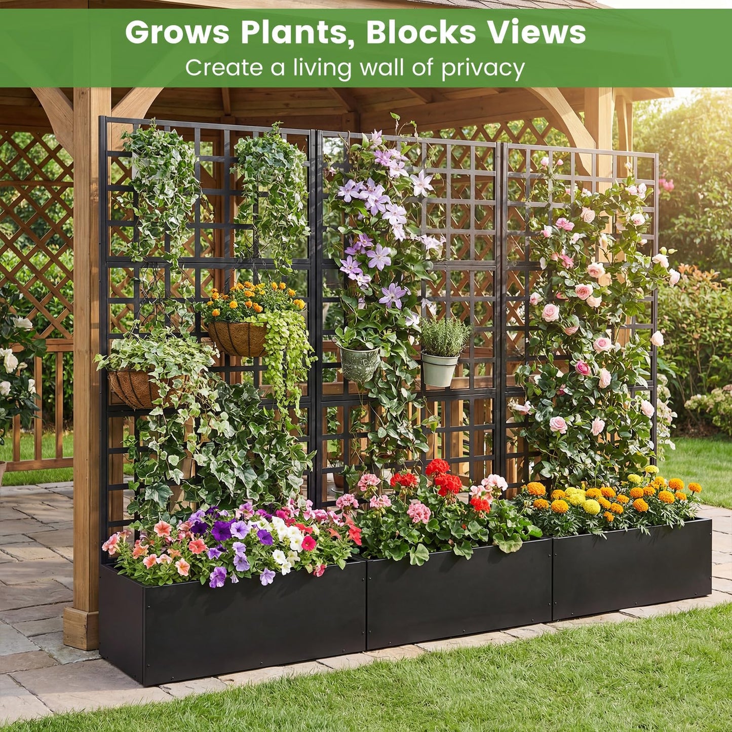 Giantex Metal Raised Garden Bed with Trellis, 36" x 16" x 77" Galvanized Planter Box w/Drainage Holes for Climbing Plants Vegetables Flowers, Outdoor Privacy Screen for Patio Backyard Balcony