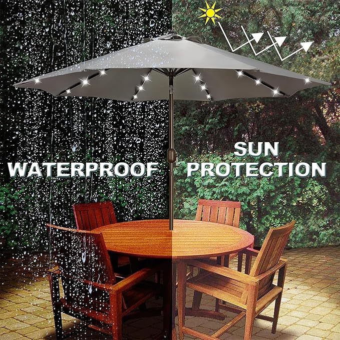 Blissun 9 ft Solar Umbrella, 32 LED Lighted Patio Umbrella, Table Market Umbrella, Outdoor Umbrella for Garden, Deck, Backyard, Pool and Beach (Grey)
