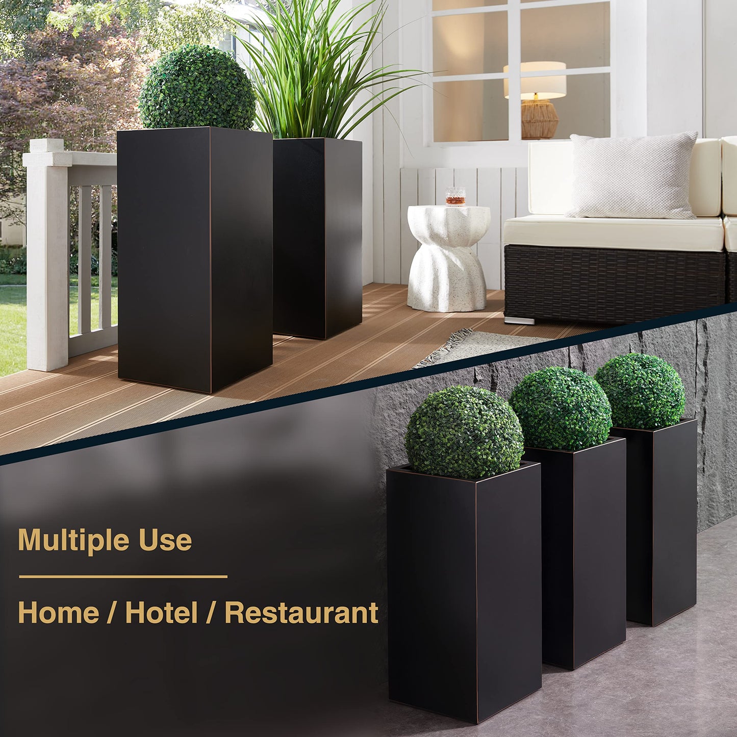 Wallowa Metallic Heavy Planter for Outdoor Plants, 14Lx14Wx30H Inches, Tall Metal Planter Box with Hand Brushed Gold Edge for Outside & Indoor, 25 Pounds, No Assembly and Seamless, Set of 2 (Black)
