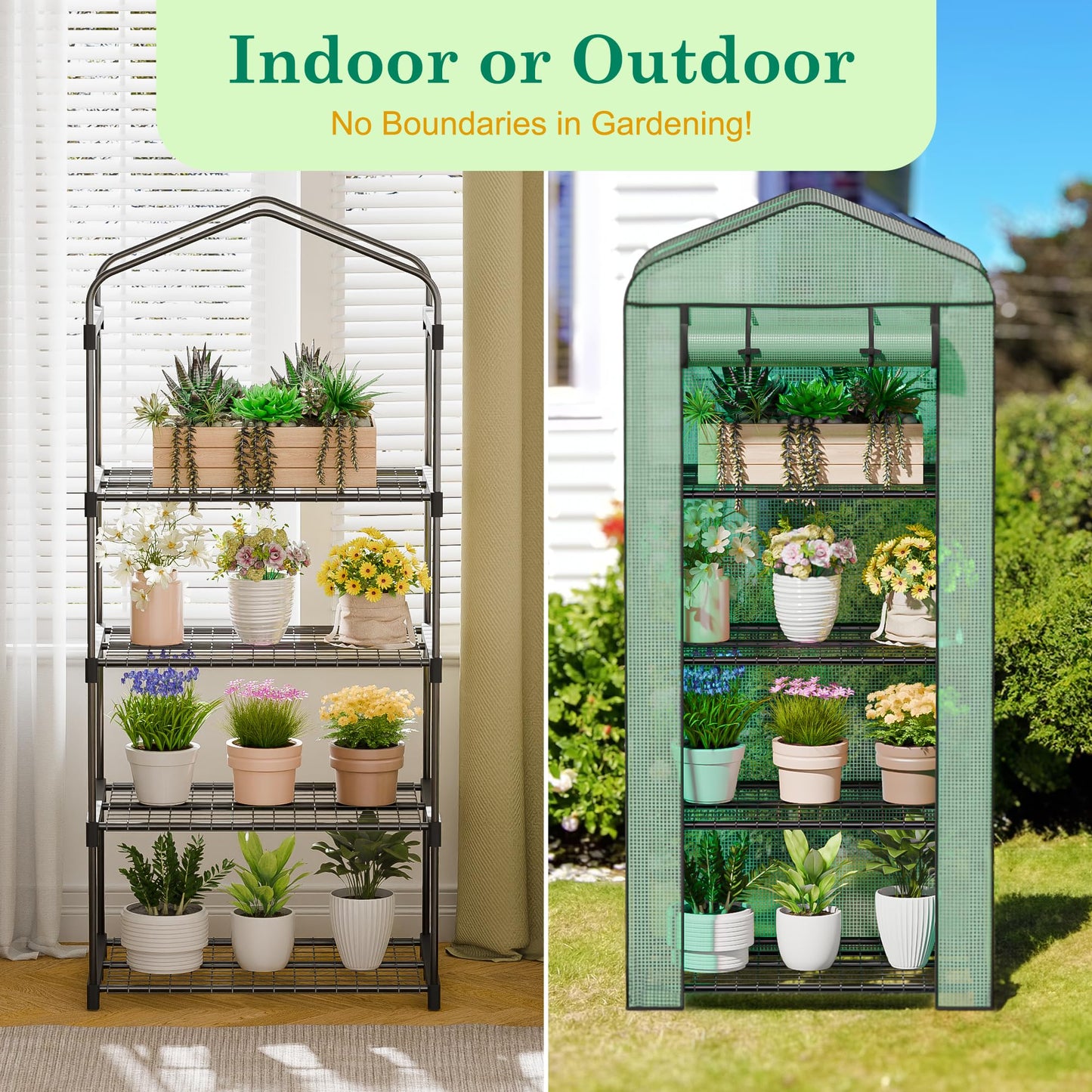 JupiterForce 4 Tier Mini Greenhouse Indoor Outdoor Portable Small Green House with Durable PE Cover&Roll-Up Zipper Door, Waterproof Greenhouses for Plant Seed & Seedling, 2.3x1.5x5.3 FT
