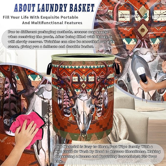 Longhorn Cattle Skull Laundry Basket Oxford Cloth Colorful Tribal Laundry Hamper