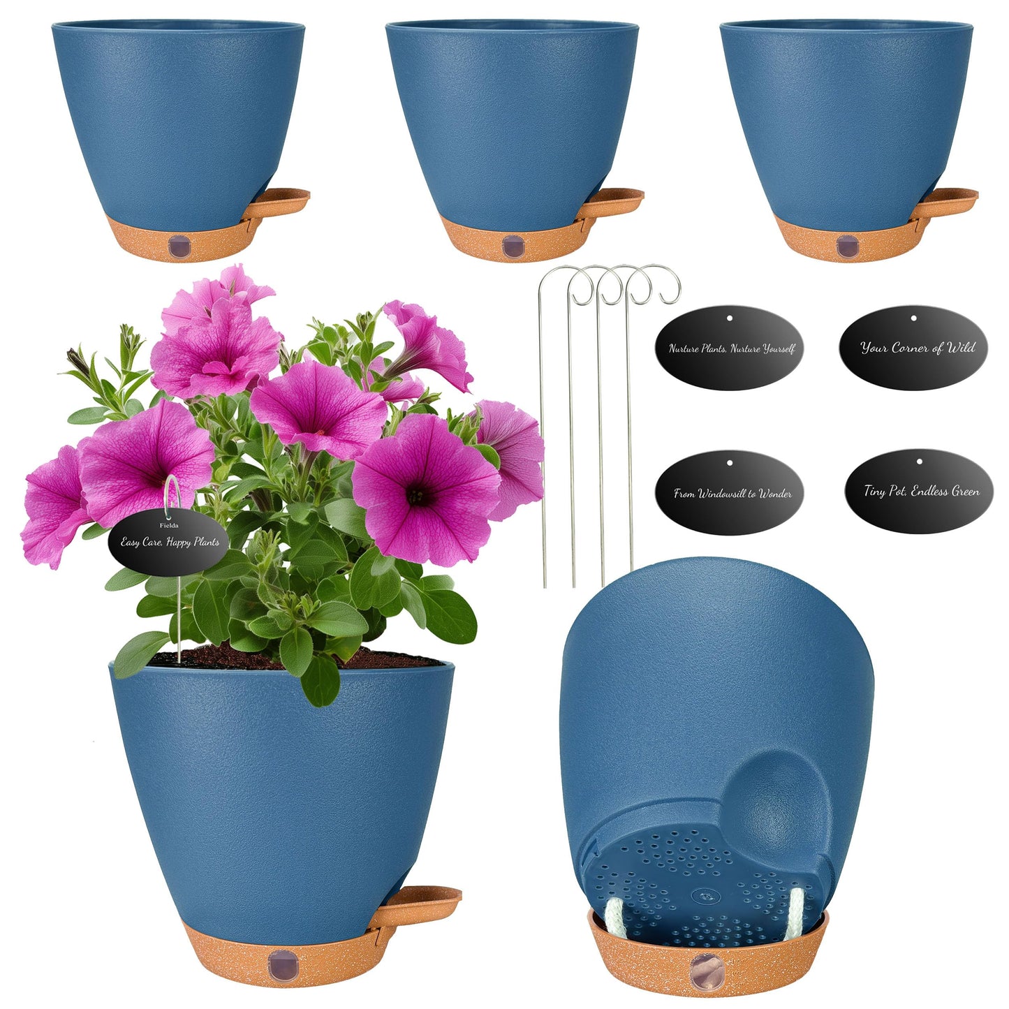 6 Inch Self Watering Pots for Indoor Plants (5-Pack) – Small Plastic Planters with Water Window, Drainage Holes & Trays, Indoor Outdoor Flower Pots for Herbs, Succulents, Home Garden Decor (Navy Blue)
