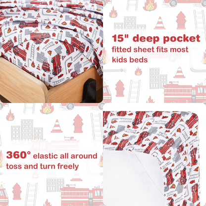 Softan Kids Bed Sheet Set, Boys Full Size Sheets, Microfiber Kids Fitted Sheet and Pillowcase, Breathable and Silky Soft, 4 Piece Fire Engines Printed Full Bed Sheet