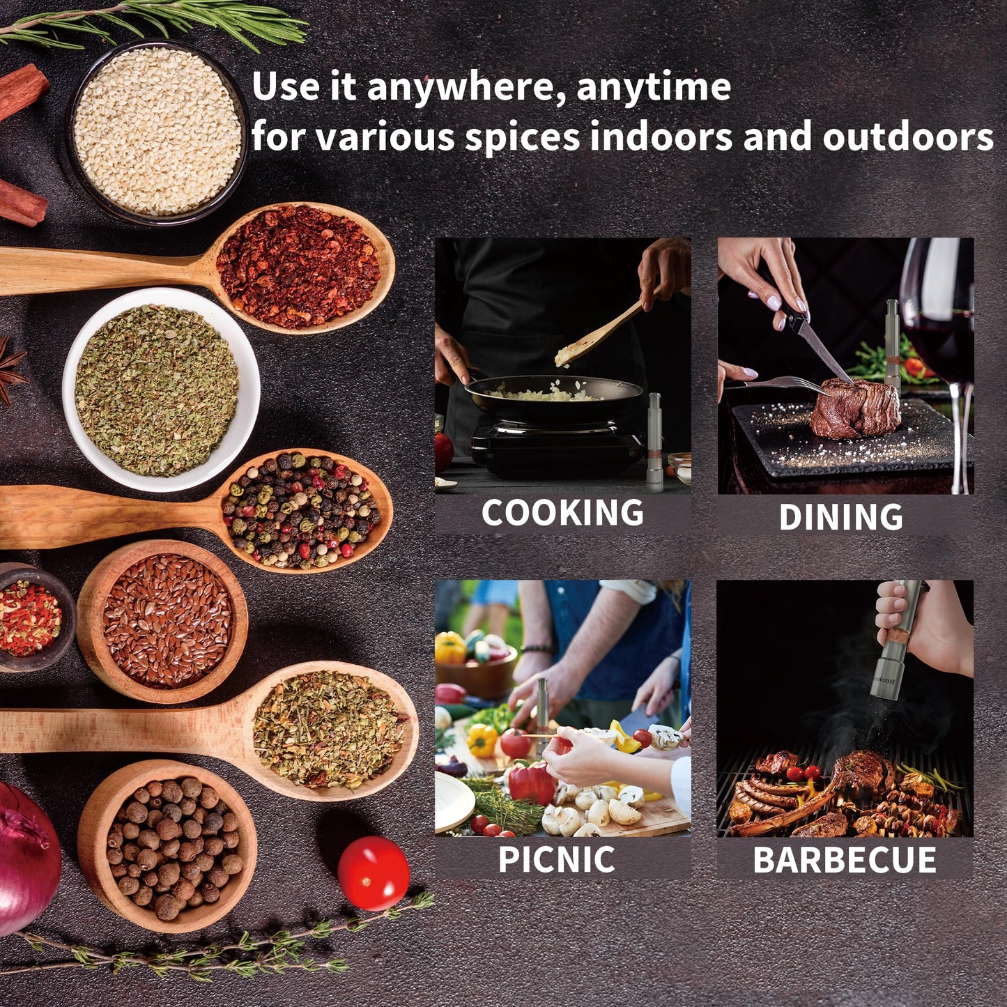 KitchenBliss Modern Thumb Click Salt and Pepper Grinder with Refillable Peppermill - Perfect for Himalayan Salts, Black Pepper, Sea Salt, Peppercorns, Spices Push Button for 1 hand operation (set)