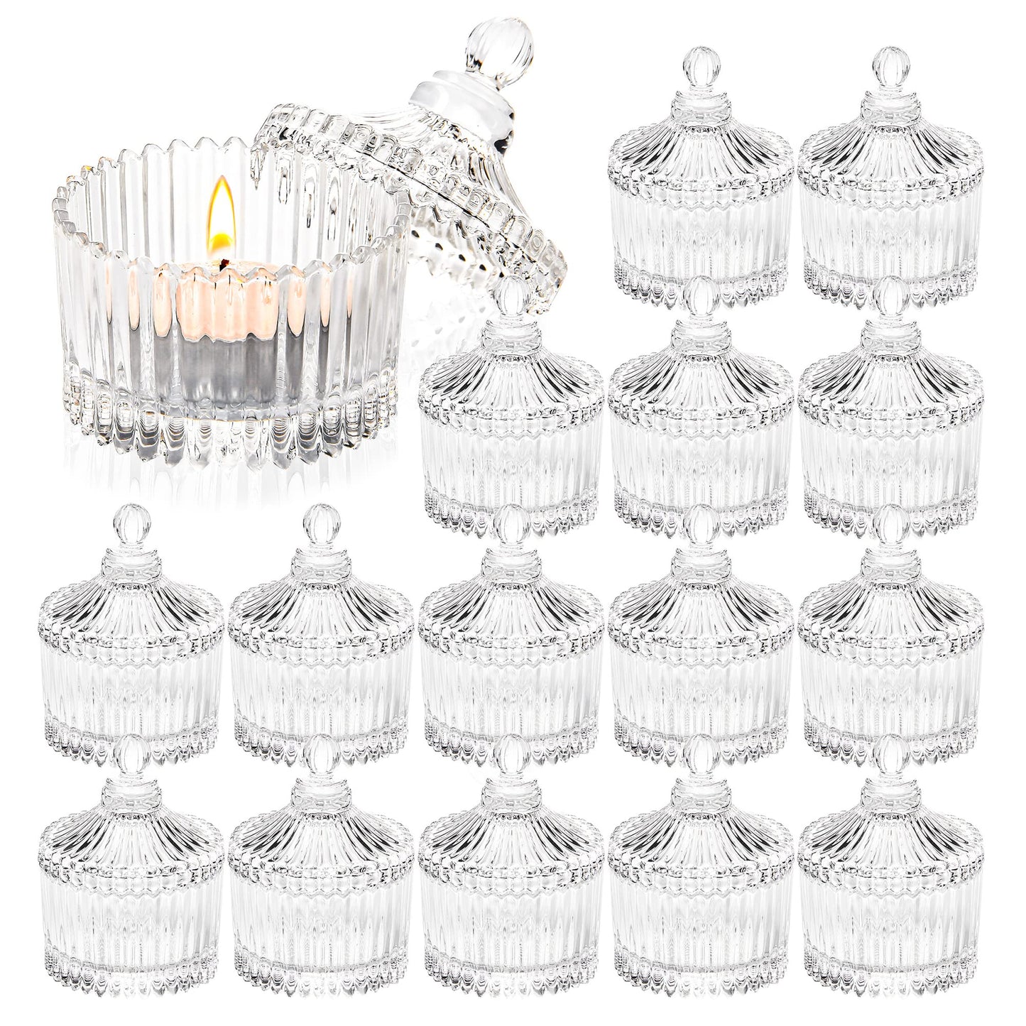 16 Piece Votive Candle Holders with Lids, Tealight Candle Holders in Bulk, Glass Small for Table Centerpiece, Wedding, Home Decor (2.68'' x 1.65'', Clear)
