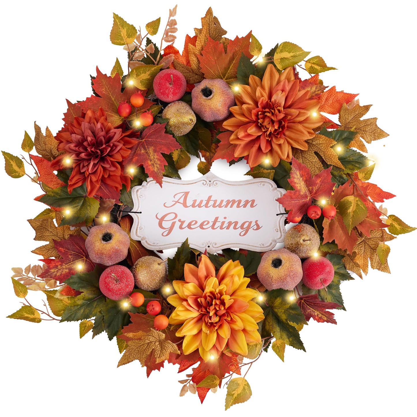 Valery Madelyn 24'' Collapsible Pre-Lit Fruits Fall Wreath for Front Door