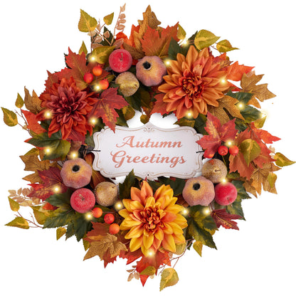 Valery Madelyn 24'' Collapsible Pre-Lit Fruits Fall Wreath for Front Door