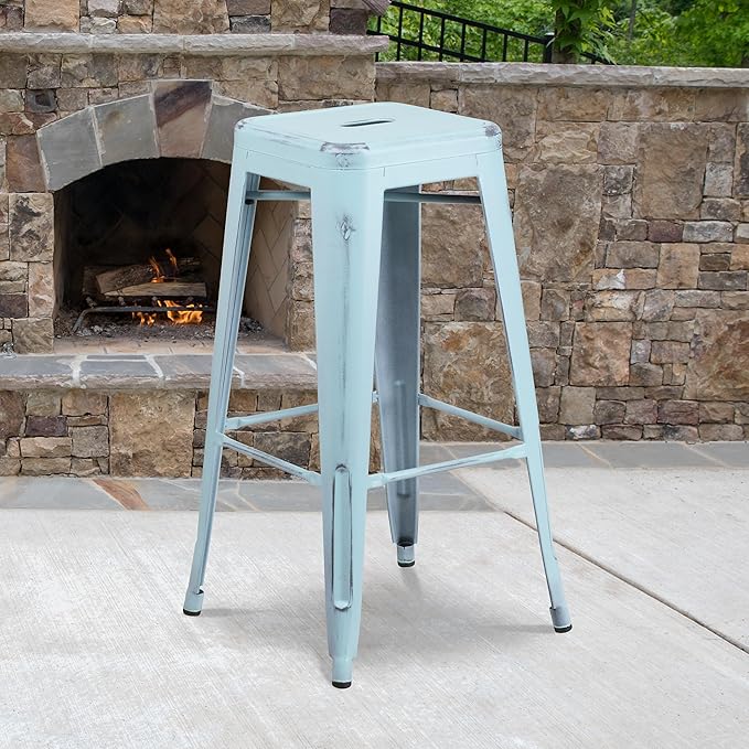Flash Furniture Kai Commercial Grade 30" High Backless Distressed Green-Blue