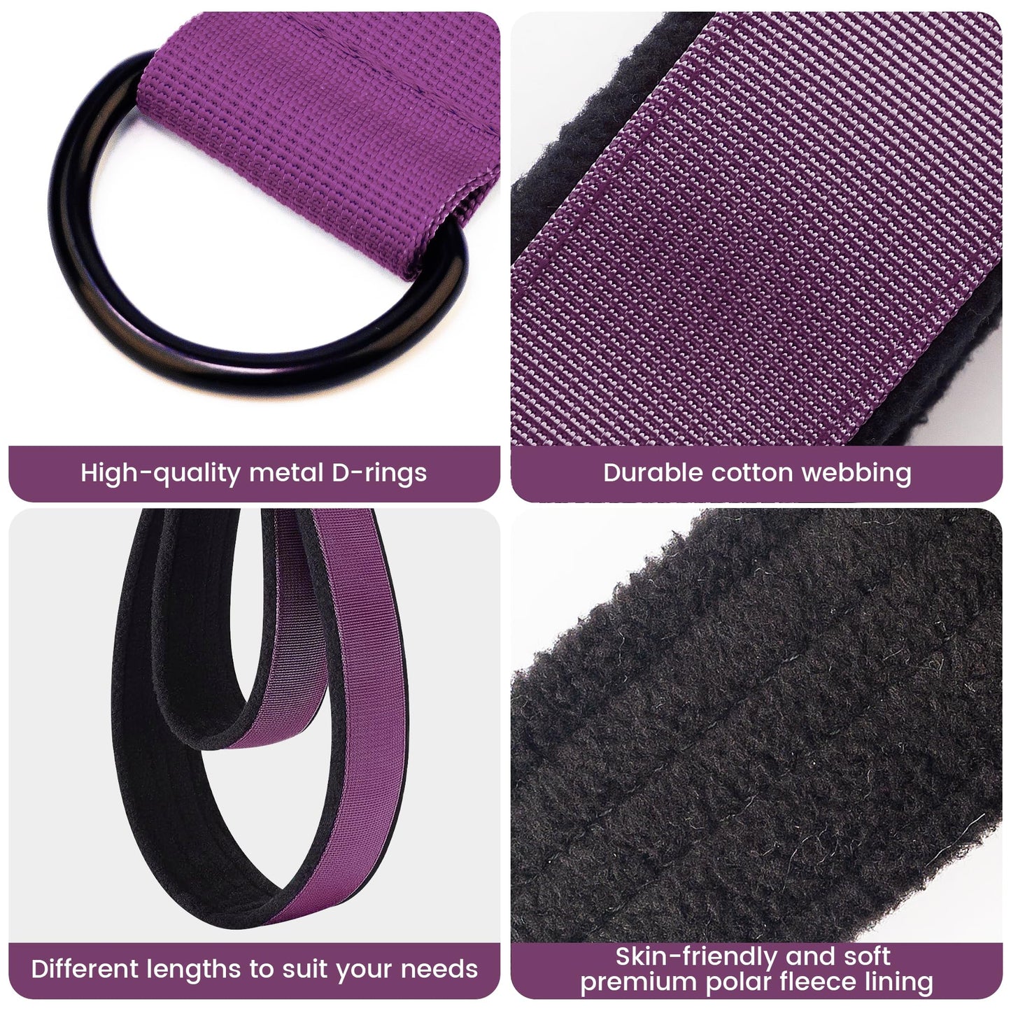 2PCS Pilates Double Loop Strap for Reformer Fitness D-Ring Straps Handle, Yoga Pilates Equipmen D-Ring Exercise Strap for Gym Workout Home (Purple)