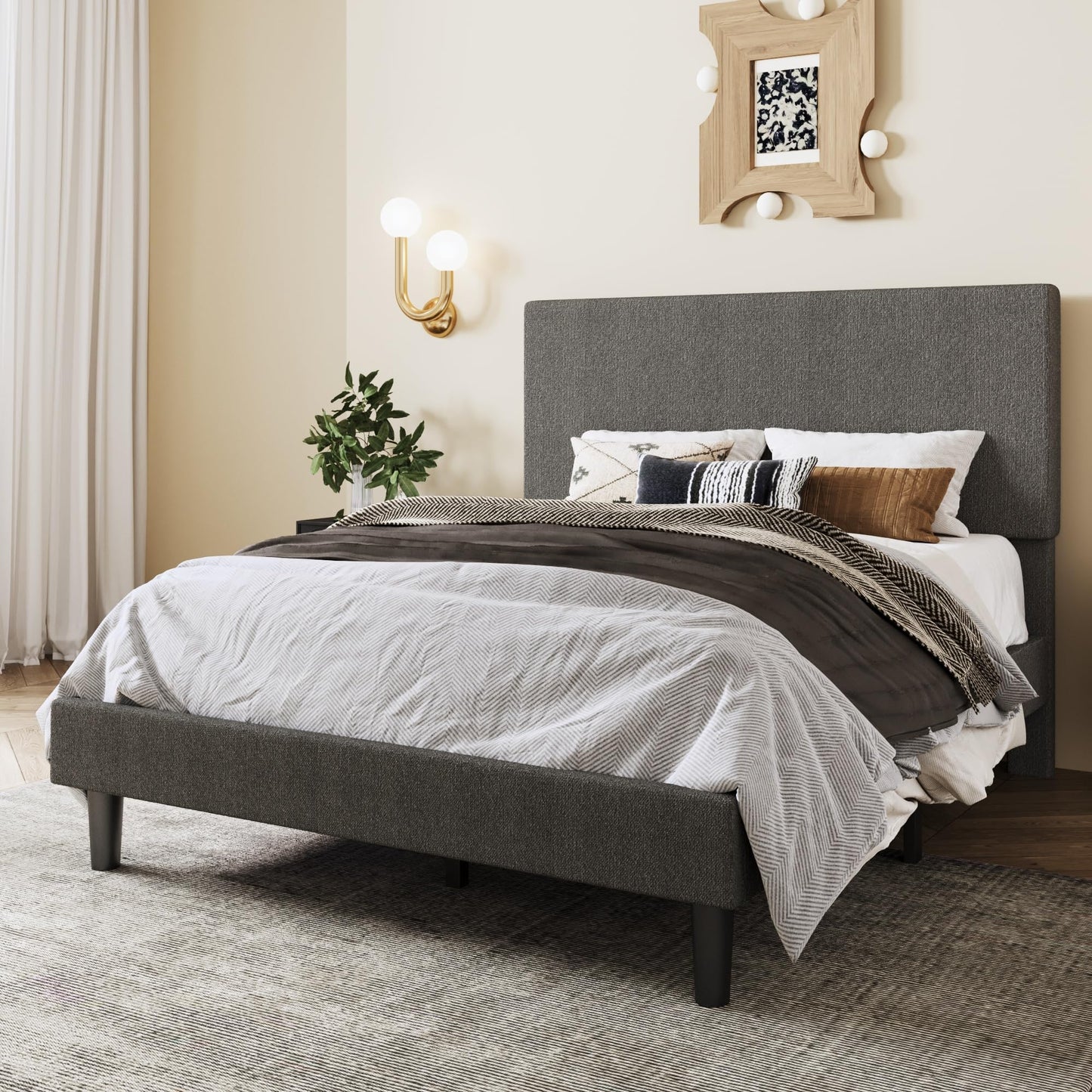 SHA CERLIN Full Size Platform Bed Frame with Adjustable Headboard and Wooden Slats Support, Boucle Upholstered Mattress Foundation, No Box Spring Needed, Easy Assembly, Dark Grey