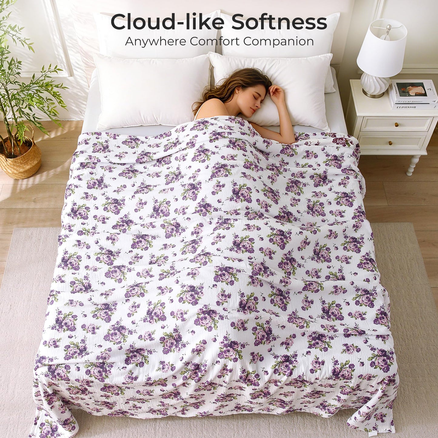 Muslin Blankets for Adults Reversible Throw Fleece & Gauze, Soft Cozy Lightweight Breathable Floral Blanket for Bed Couch, Double Layer Muslin Purple Rose Throw Cover 50"x70"