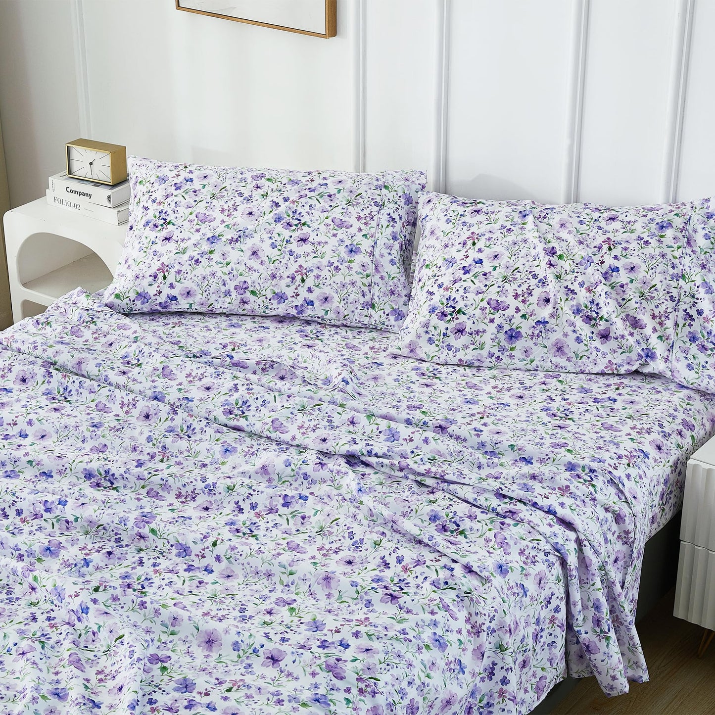 Viviland Floral Twin Sheet Set - 3 Piece Vintage Lavender Flower and Leaves Patterned Bed Sheets - Soft, Breathable Microfiber Sheets with Deep Pocket, Non-Slip Fitted Sheets & Pillowcases
