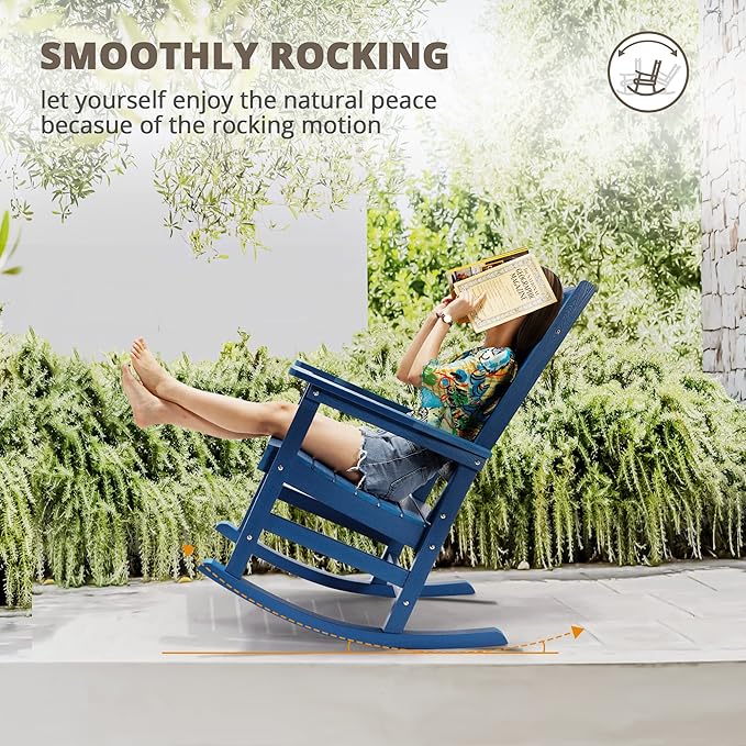 LUE BONA Outdoor Rocking Chairs Set of 2, Weather Resistant Poly Plastic Rocker Chairs, 350lb Heavy Duty, Oversized Porch Rocker for Adult, High Back Smooth Rocking Chairs for Outdoor & Indoor, Blue