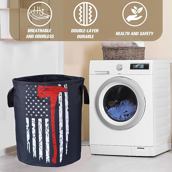 American Flag Red Line Ax Laundry Basket Firemen Foldable Oxford Cloth Funny
