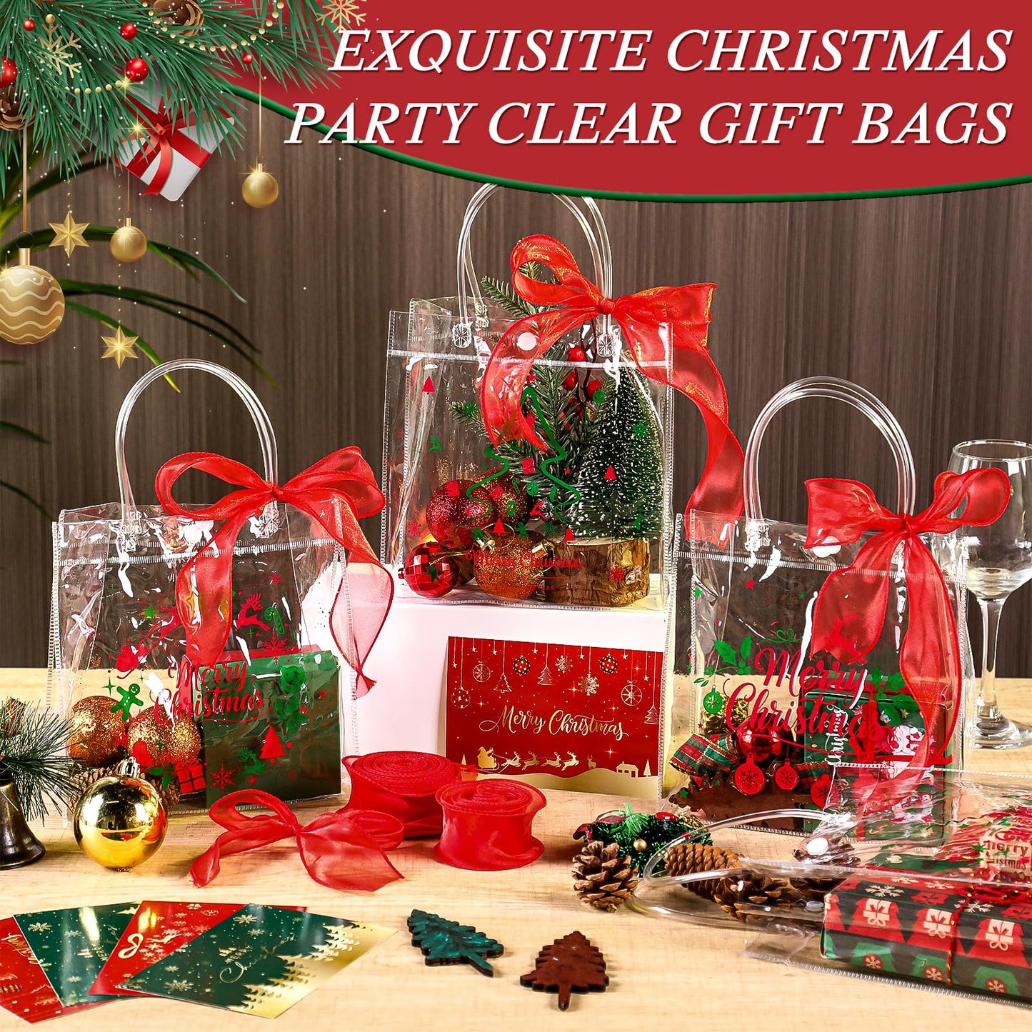 24pcs Christmas Clear Gift Bags with Handles And Ribbon Merry Christmas Greeting Card Set Xmas Transparent Reusable Gift Wrap Bags PVC Candy Goodie Treat Totes for Xmas Winter Holiday Party Favors