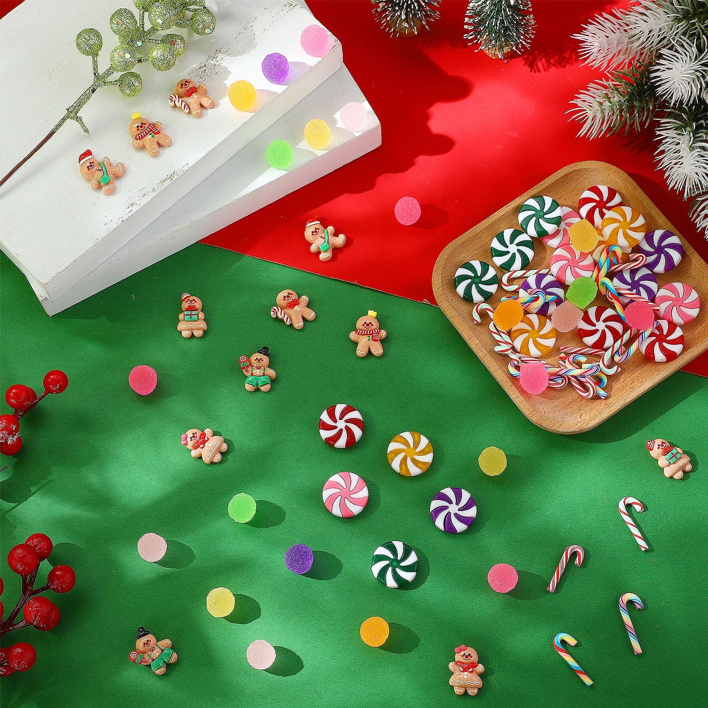 JolliLudo 92 Pcs Mini Christmas Candy Canes for Crafts Plastic Christmas Fake Candy Decor Gingerbread Man Rainbow Peppermint Gumdrops Ornaments for Xmas DIY Craft Party Decor Supplies
