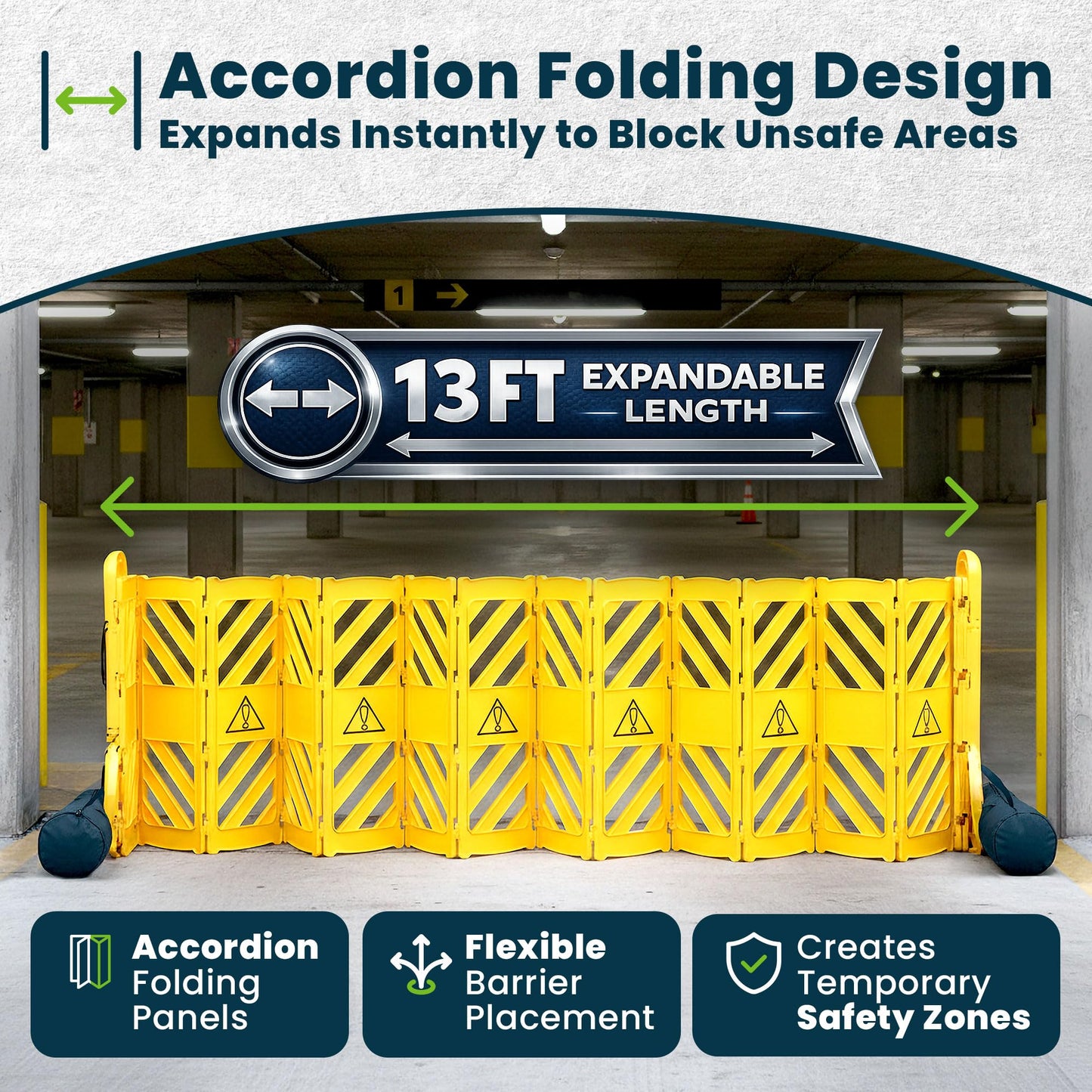 Alpine Commercial Safety Barriers, 13 Foot Expandable Mobile Barricade System - Folding Portable Barrier, Traffic Barricade Fence, Plastic Barricade for Construction, Traffic Control, Driveway Gate