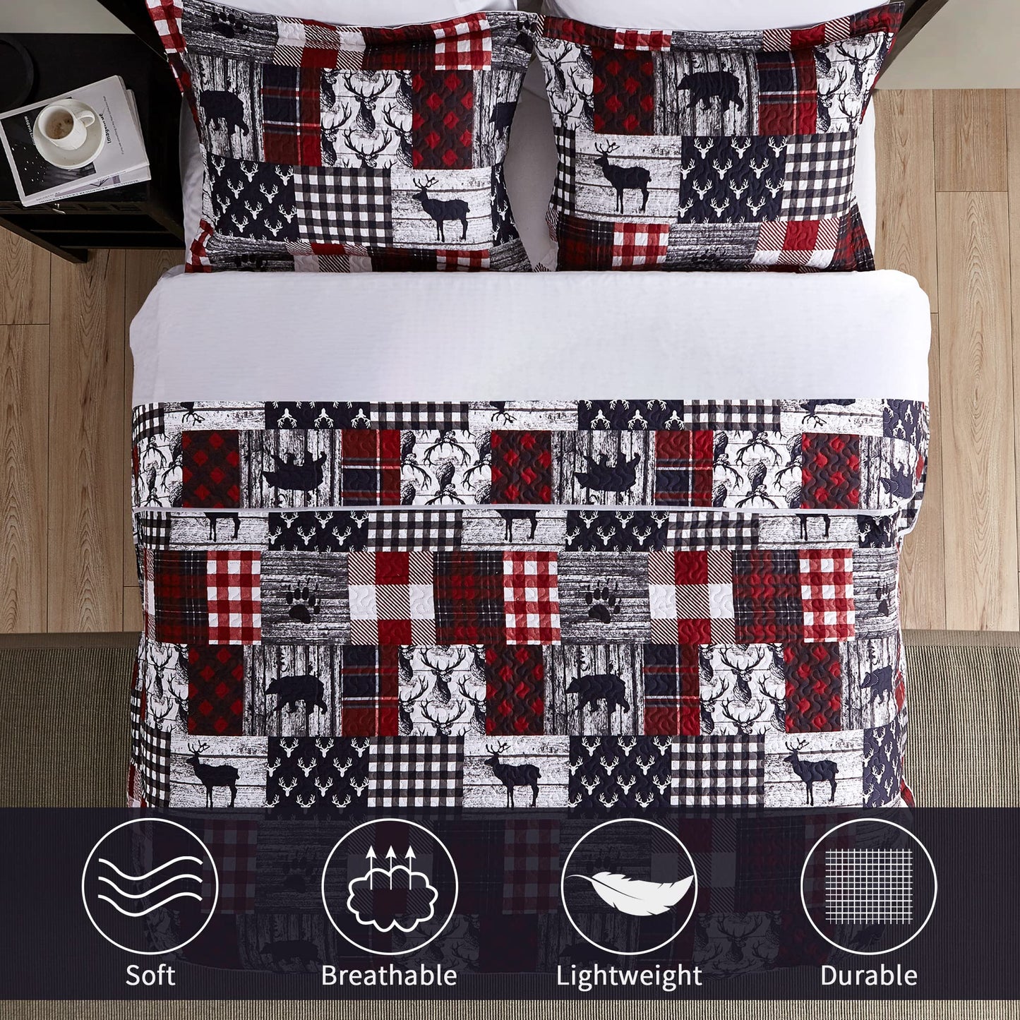 UMCHORD Cabin Quilt Set Queen, Christmas Rustic Quilt Coverlet Bed Set, 3-Piece Lightweight Reversible All Season Quilt Set, Lodge Bedspread Quilt with 2 Shams