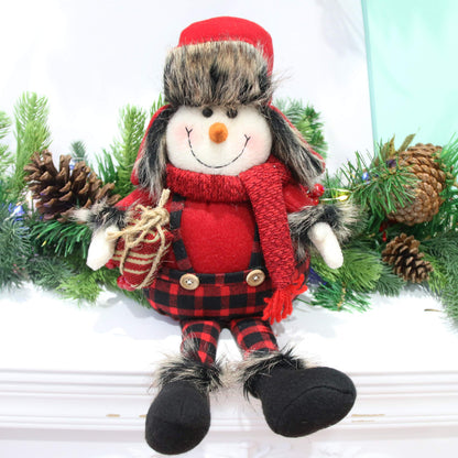 Houwsbaby Christmas Decoration Handmade Plush Snowman Figurines Hold a Gift in Overalls Home Desktop Collectible Stuffed Dolls Holiday Party Supplies Sitting Table Ornament Red 17''
