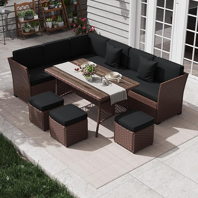KIGOTY 7 Piece Patio Furniture Set, Outdoor PE Wicker Rattan Outdoor Dining Set