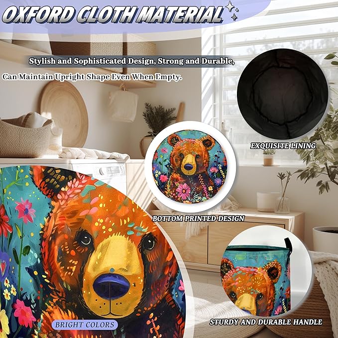 Bear Laundry Basket Oxford Cloth Foldable Colored Animal Flowers Laundry Hamper
