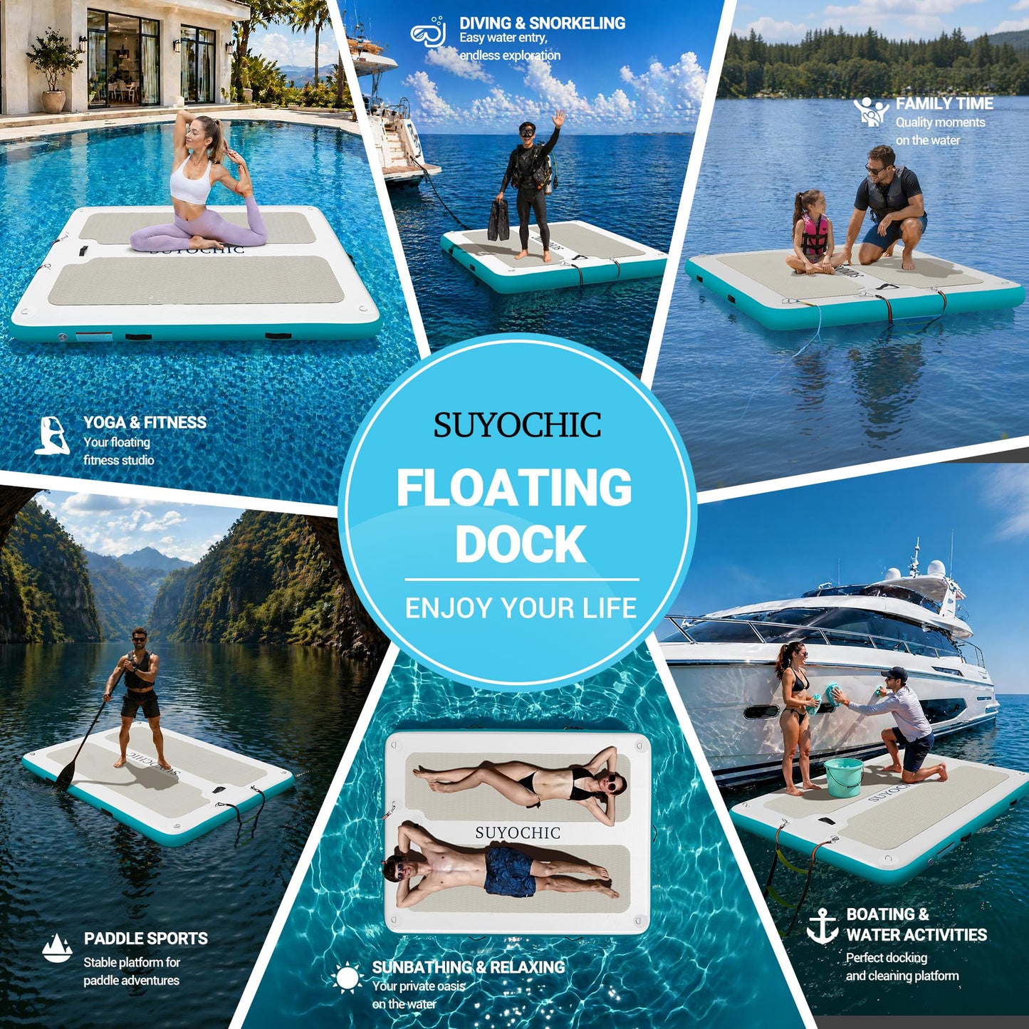 SUYOCHIC 10FT x 6FT Inflatable Floating Dock with EVA Non-Slip Surface, Air Dock Floating Platform Lake Floats, Water Mat Floating Island Raft Mat for Lake Beach Boat Ocean