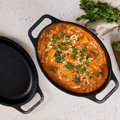 Victoria Dutch Oven Pot and Pan Induction Enamelled Cast Iron 31 cm Oval, Set of 2 Cocotte 5.7 L, PTFE and PFOA Free, Suitable for Fire, Barbecue, Oven, Ceramic Hob, Gas