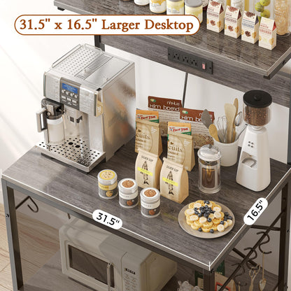 SUPERJARE Kitchen Bakers Rack with Power Outlet, Coffee Bar Table 4 Tiers, Kitchen Microwave Stand with 6 S-shaped Hooks, Storage Shelf Rack for Spices, Pots and Pans - Rustic Brown