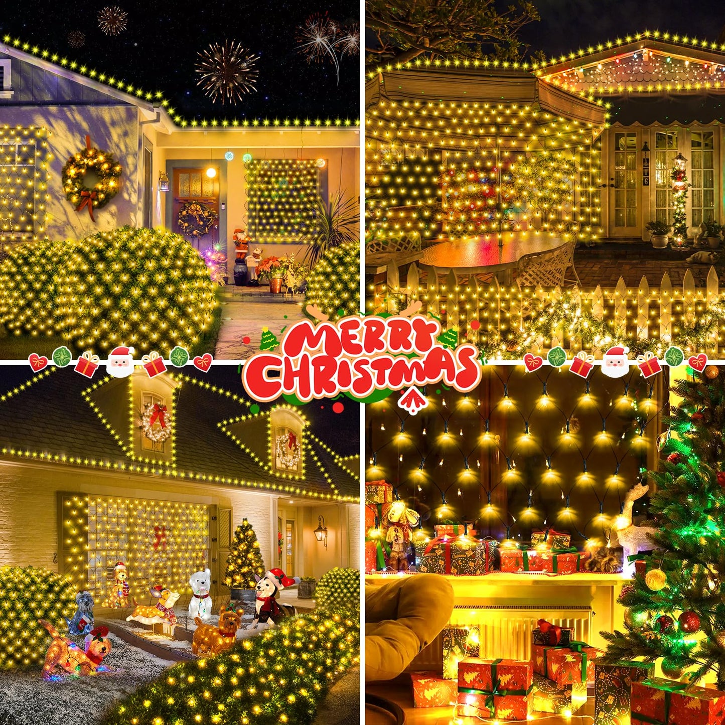 Hezbjiti Christmas Net Lights Outdoor 200 LED 6.9FT x 5.4FT Green Wire with 8 Modes, Connectable Plug in Waterproof, Timer Memory Function for Xmas Tree Bushes Porch Lawn Windows Decor（Warm White）