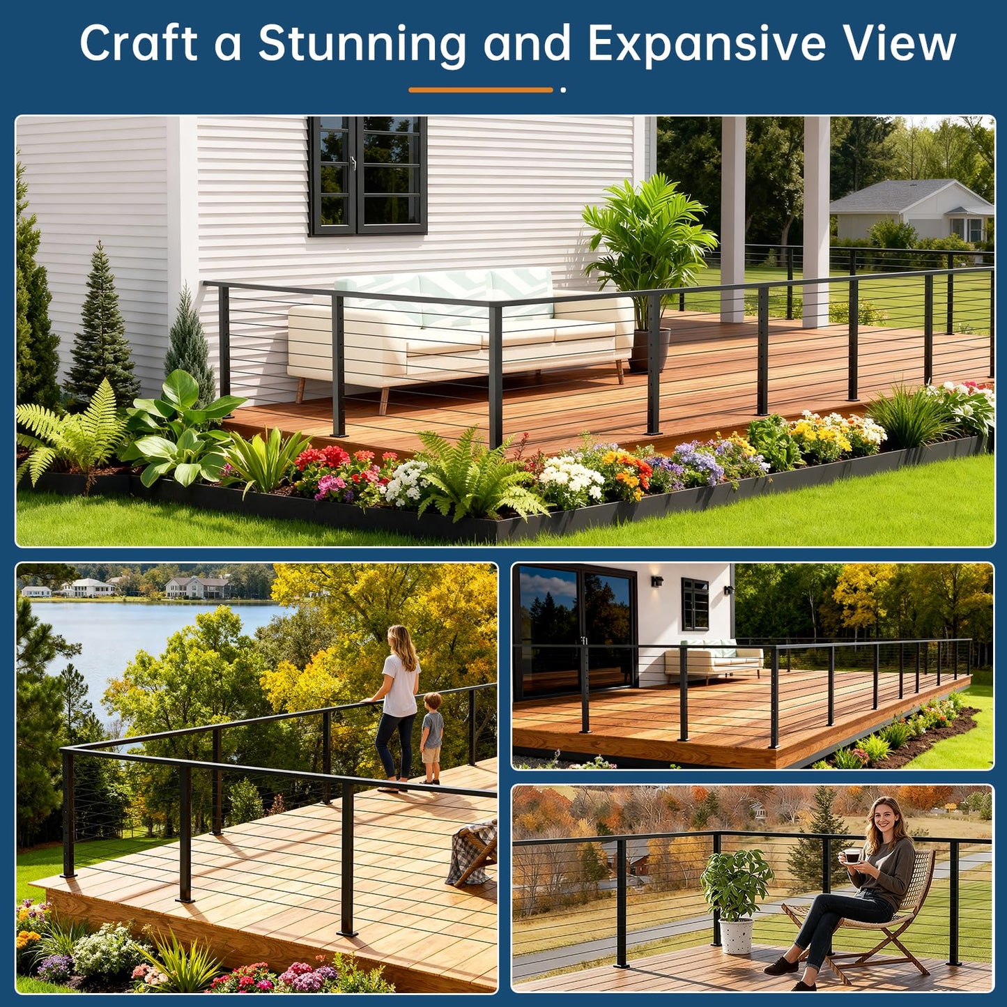 Gyykzz 8FT Stainless Steel 304 Handrail Black 3Pack, Rectangular Handrail Flat Top Rail with SS304 End Cap and POM Connecting Blocks for Indoor Outdoor Deck Stair Cable Railing System DIY Balustrade