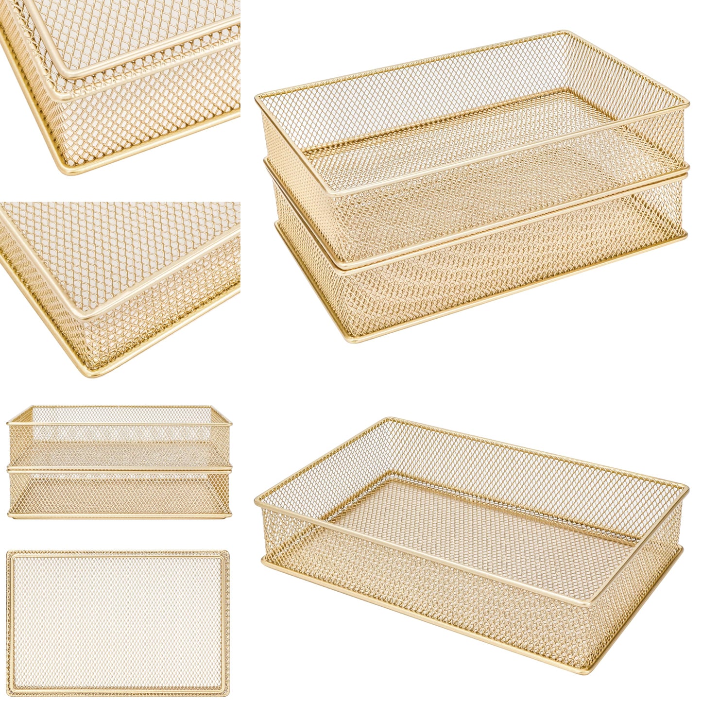 Annova Mesh Stackable Drawer Cabinet and Shelf Organizer Bins Storage Basket School Office Supply Holder Tray- Set of 2 (Gold, 6x9x2 Inch)