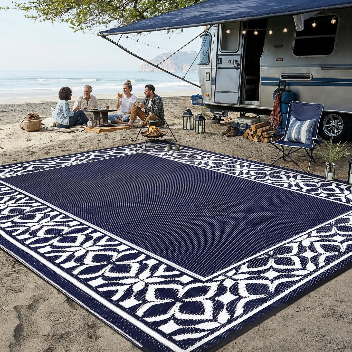 PureCozy Outdoor Plastic Straw Rug Navy Blue Large Outside Waterproof Outdoor Patio 10x14 Carpet Geometric Reversible Mat Modern for Camping RV Porch Deck Balcony Beach