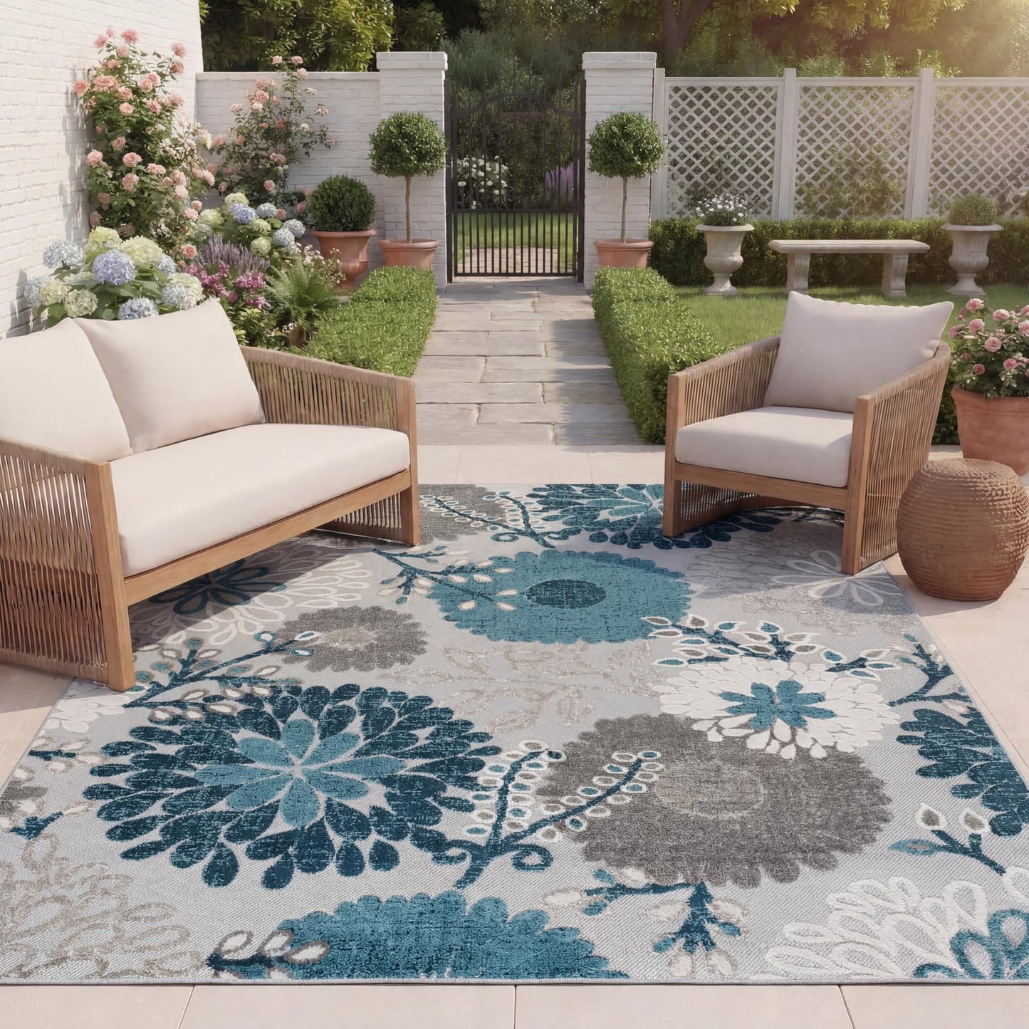 SAFAVIEH Washable Rug Outdoor Cabana Collection - 8' x 10', Grey & Blue, Non-Shedding & Easy to Clean, Ideal for Patio, Backyard, Mudroom (CBN832F)