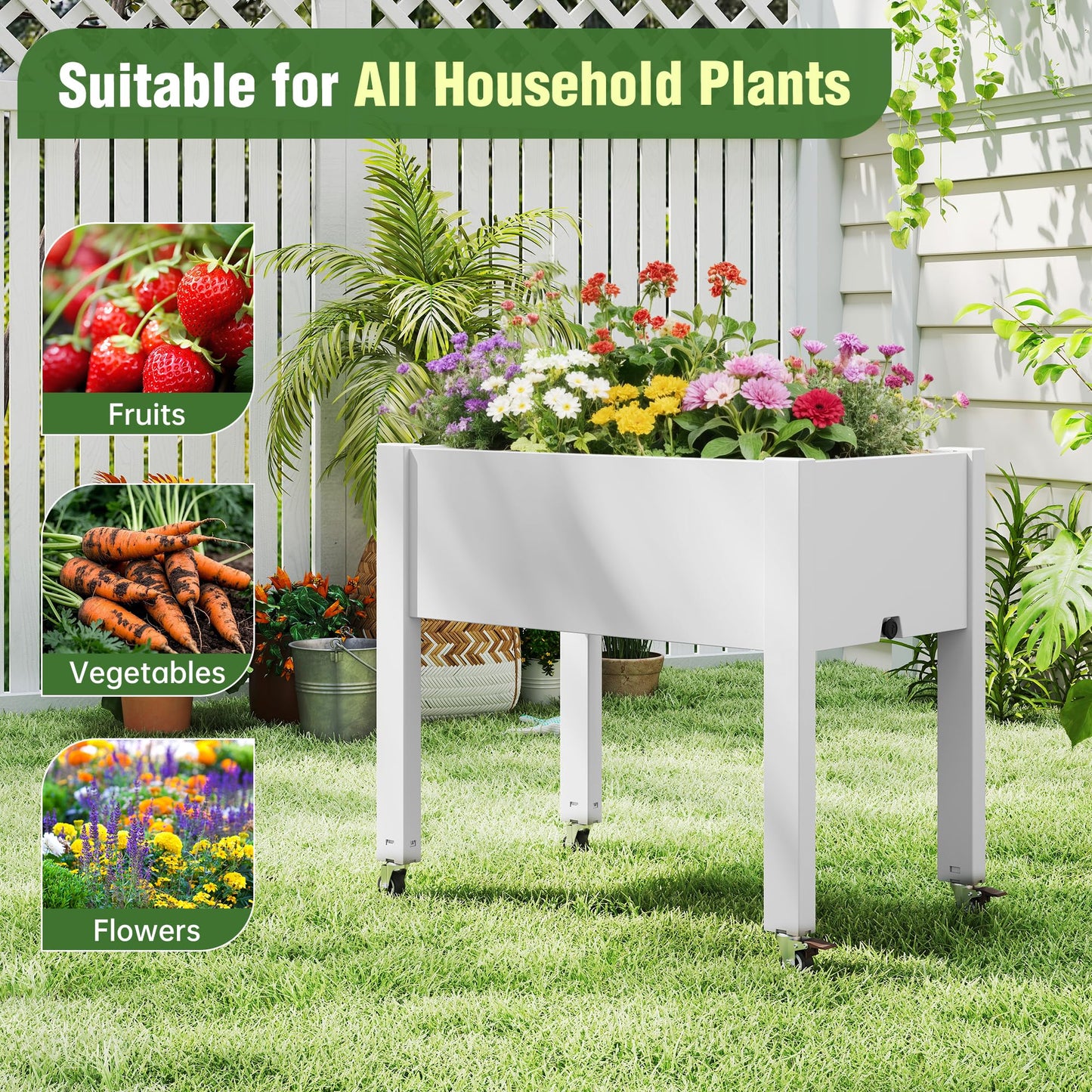 WTFGO Elevated Raised Garden Bed with Wheels - Outdoor Mobile Resin Planter Box with Drainage Holes for Vegetables Flower Herbs, Weather Resistant, White (26.3" h)