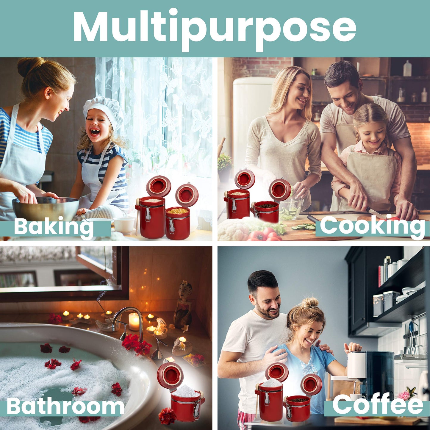 Home Intuition Smell Proof 4-Piece Ceramic Kitchen Canisters Set, Airtight Containers with Wooden Spoons Reusable Chalk Labels and Marker for Sugar, Coffee, Flour, Tea (Red)