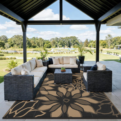 GENIMO Outdoor Rug Waterproof for Patio Decor, 10' x 20' Reversible Plastic Straw Floral Camping Carpet, Large Area Rugs Mats for RV, Camper, Deck, Balcony, Porch, Beach, Picnic, Black & Brown